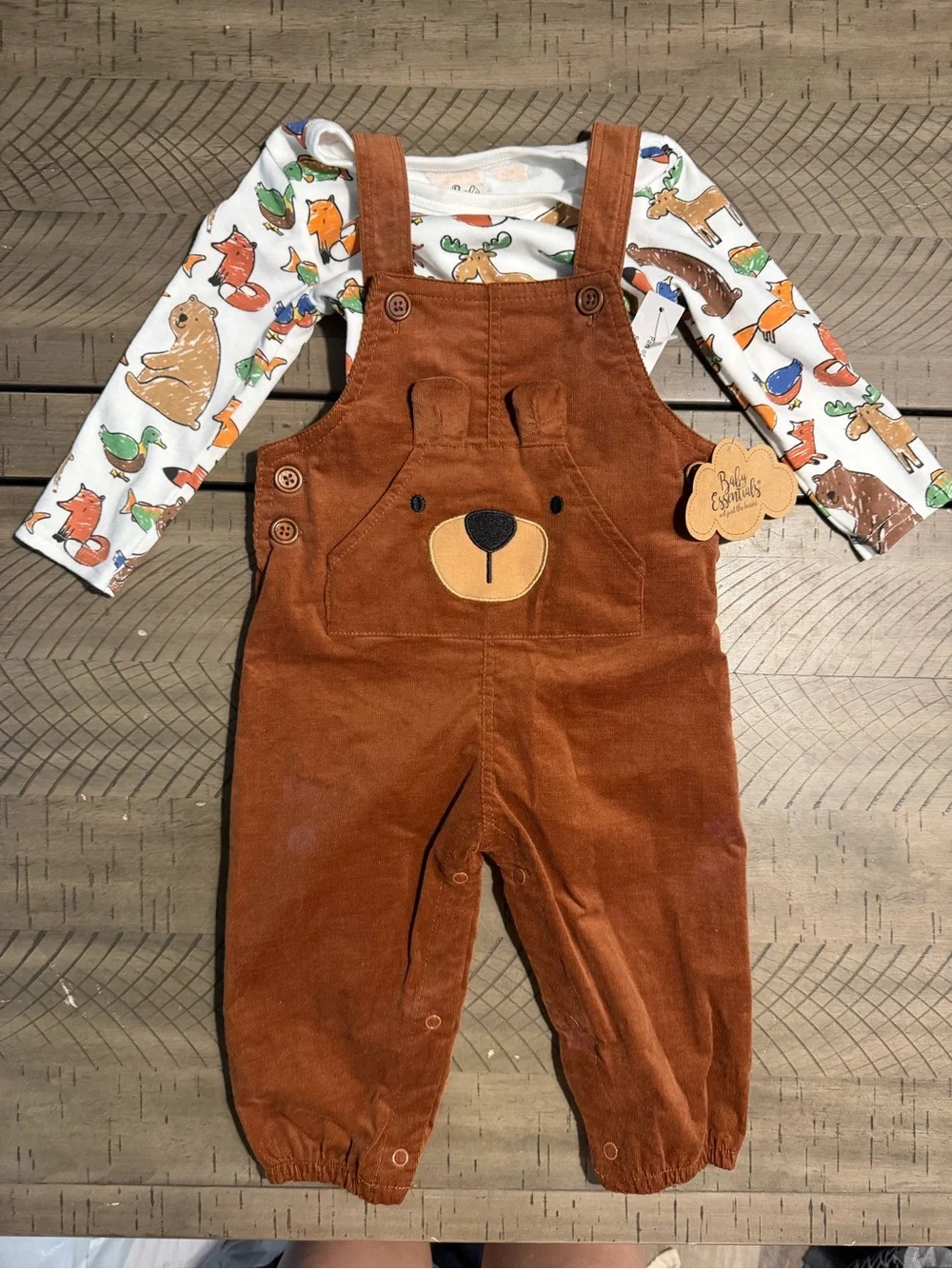 Baby Essentials Rust Brown Bear Corduroy Overalls with Animal Print Top